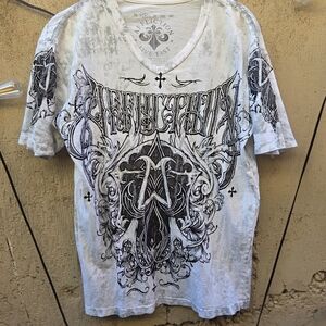 Affliction V-Neck Graphic Tee in White and Black